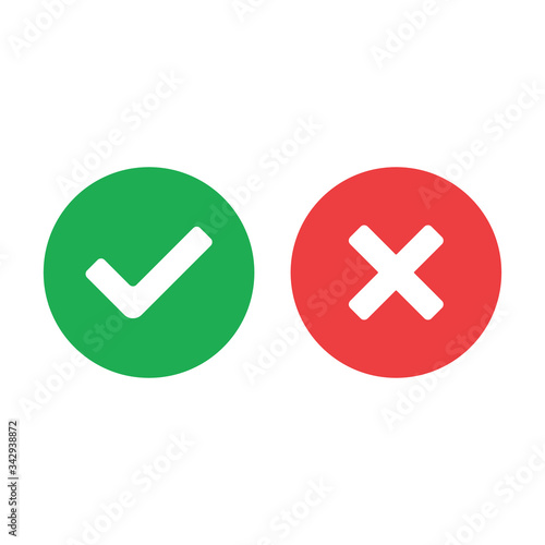 Tick and cross signs. Green checkmark and red X icons, isolated on white background.