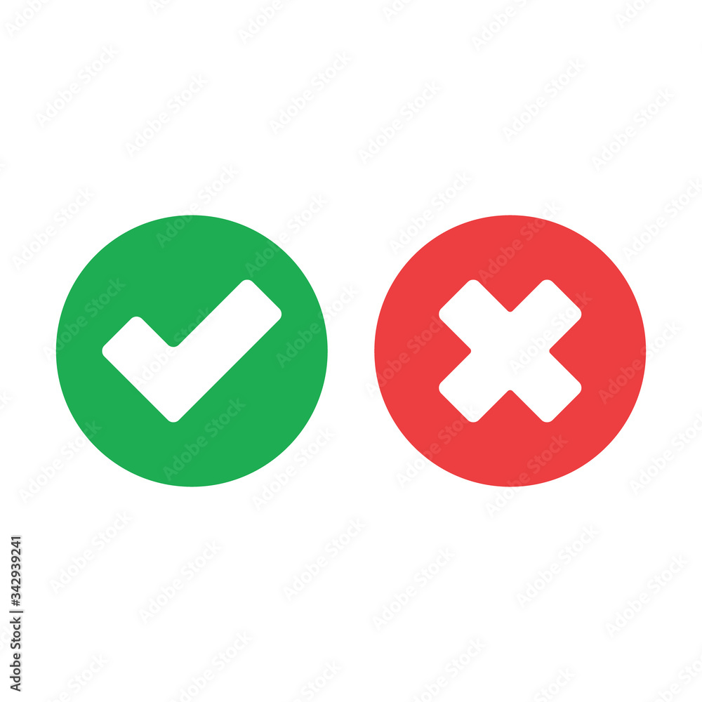Tick and cross signs. Green checkmark and red X icons, isolated on white background. Tick and cross signs. Green checkmark and red X icons, isolated on white background.