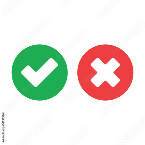 Tick and cross signs. Green checkmark and red X icons, isolated on white background.