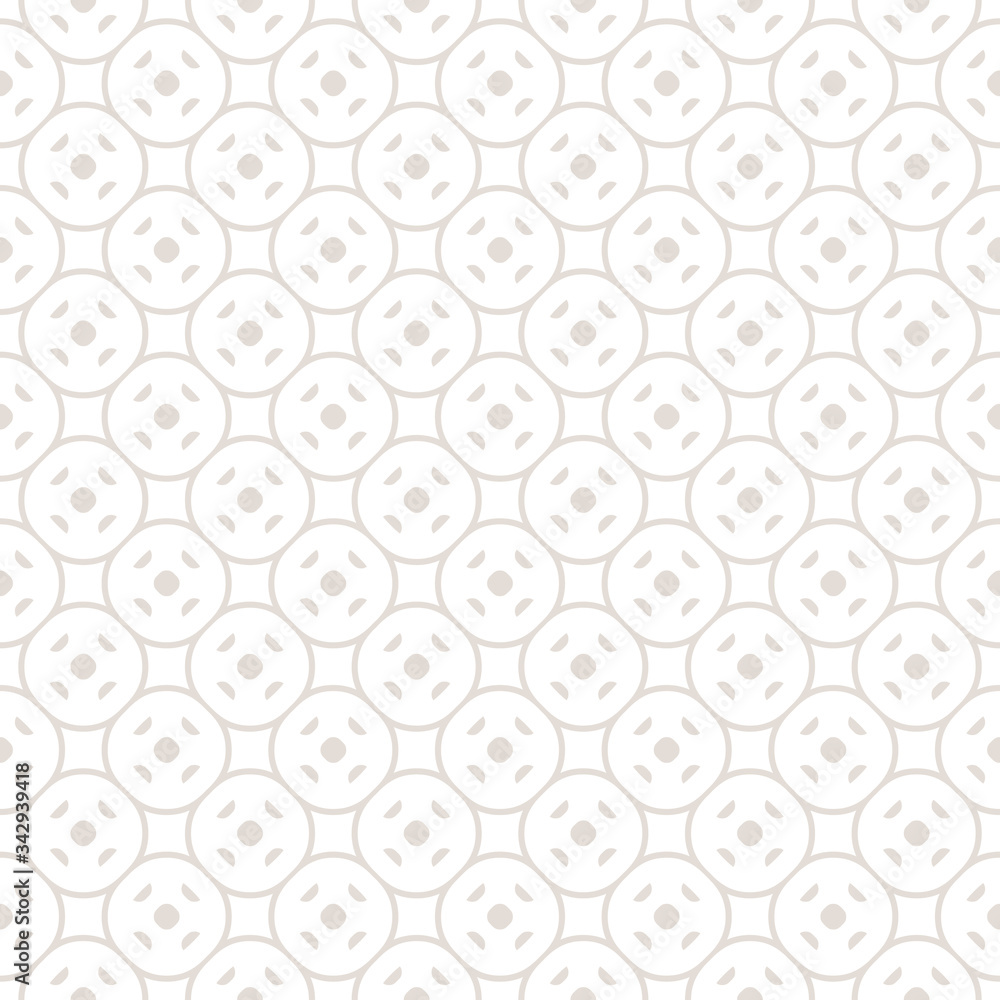 Subtle funky geometric seamless pattern with simple figures, circular mesh, rounded shapes. White and beige abstract background texture, repeat tiles. Modern design for decor, fabric, prints, package