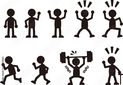 A set of cartoon silhouettes representing healthy living on white background.