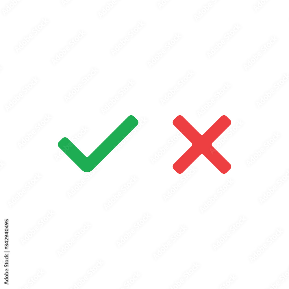 Tick and cross signs. Green checkmark and red X icons, isolated on white background. Tick and cross signs. Green checkmark and red X icons, isolated on white background.