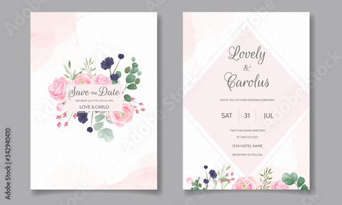 Elegant wedding invitation card template set with beautiful pink roses and green leaves