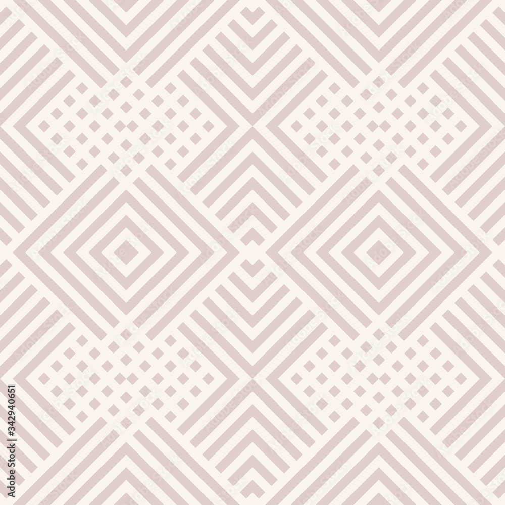 Subtle vector geometric seamless pattern with diagonal lines, squares, rectangles, rhombuses, tiles, grid. Abstract graphic texture in soft pastel colors. Simple minimal background. Geo design