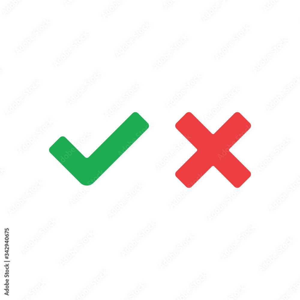 Tick and cross signs. Green checkmark and red X icons, isolated on white background. Tick and cross signs. Green checkmark and red X icons, isolated on white background.