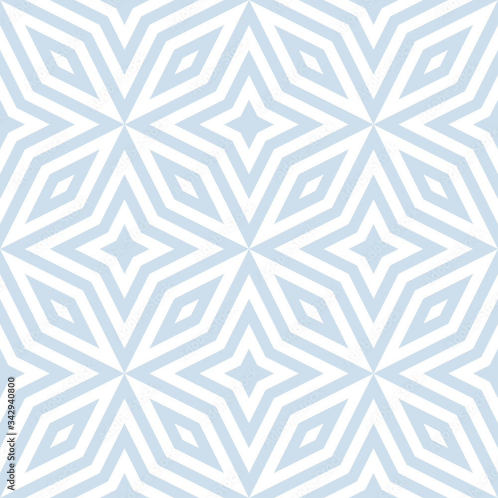 Vector abstract geometric seamless pattern. Ornamental texture with diamonds, floral shapes, stars, rhombuses, grid, net, lattice. Light blue and white color. Subtle ornament background. Repeat design Vector abstract geometric seamless pattern. Ornamental texture with diamonds, floral shapes, stars, rhombuses, grid, net, lattice. Light blue and white color. Subtle ornament background. Repeat design
