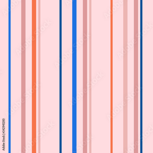 Vertical stripes seamless pattern. Simple vector texture with thin and thick lines. Abstract geometric striped background in trendy bright colors, orange, blue, pink, peach. Stylish minimal design