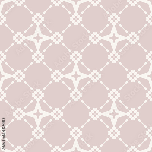 Floral grid seamless pattern. Abstract geometric texture. Simple vector ornament with floral shapes, rhombuses, stars, grid, net, lattice. Soft beige color. Repeat design for wallpaper, fabric, decor