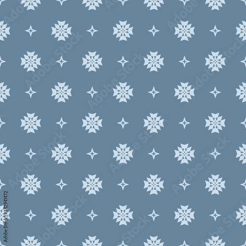 Subtle vector floral minimalist seamless pattern. Simple abstract background with small geometric flowers, stars, crosses. Minimal ornament texture in soft blue color. Repeat design for wallpapers