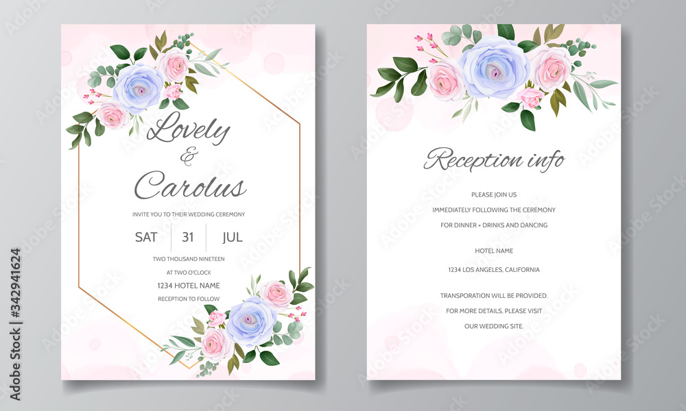 Elegant wedding invitation card template set with beautiful roses and green leaves