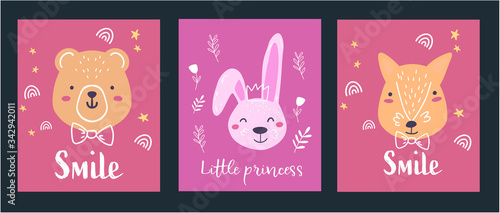 Illustrations for cards, posters or prints. Cartoon animals - a teddy bear, a fox and a bunny surrounded by a cute patern.