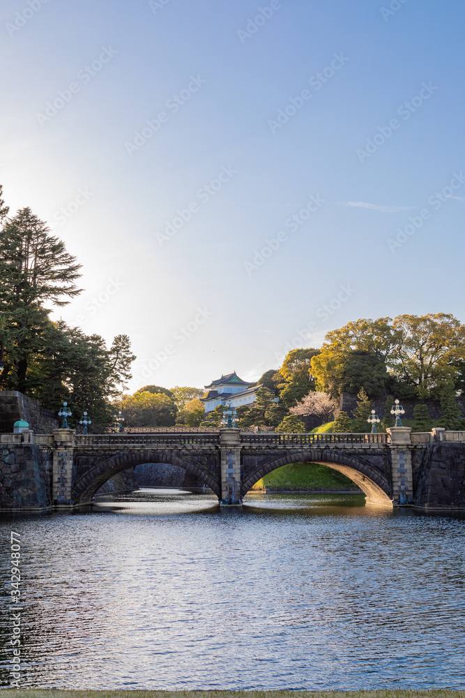皇居二重橋と伏見櫓、午後の光線