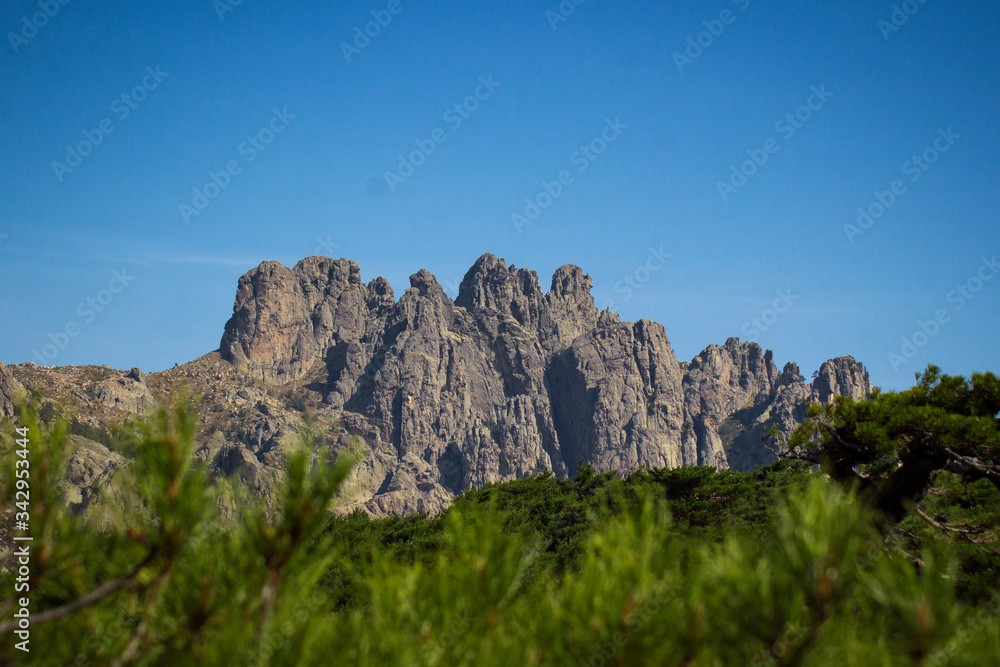 Mountains and forested valley of Bavella in Corsica, France