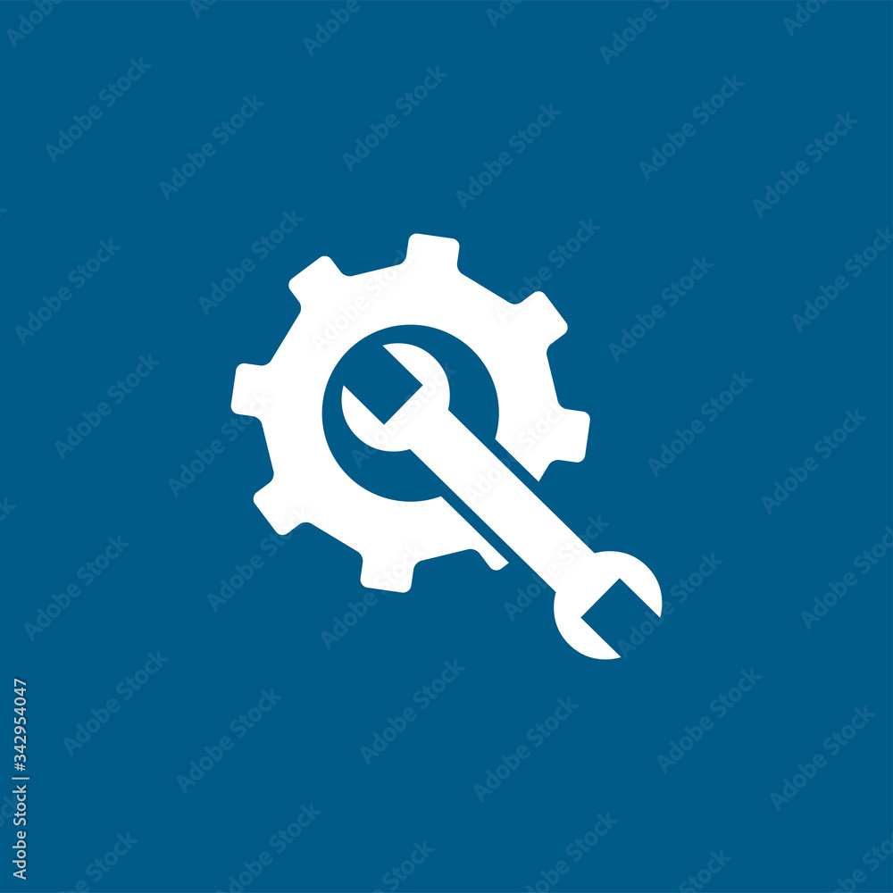Service Tools Blue Icon On White Background. Blue Gear Wheel & Hammer Flat Style Vector Illustration Service Tools Blue Icon On White Background. Blue Gear Wheel & Hammer Flat Style Vector Illustration