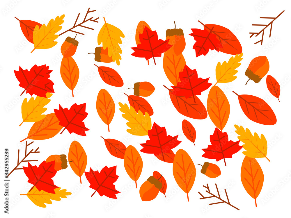 Vector drawn flat design autumn leaves red orange color, layer mix autumn leaves layout on white cool background isolated Vector drawn flat design autumn leaves red orange color, layer mix autumn leaves layout on white cool background isolated