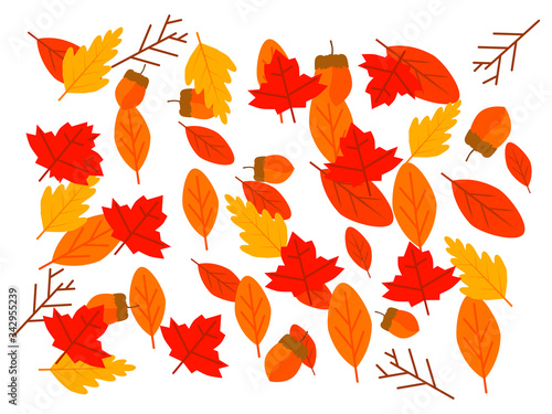 Vector drawn flat design autumn leaves red orange color  layer mix autumn leaves layout on white cool background isolated 
