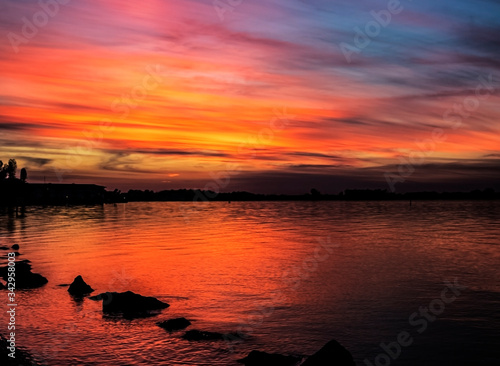 sunset over the river, water, sky, sea, red, blue, clouds, horizon, skyline, dusk, beautiful