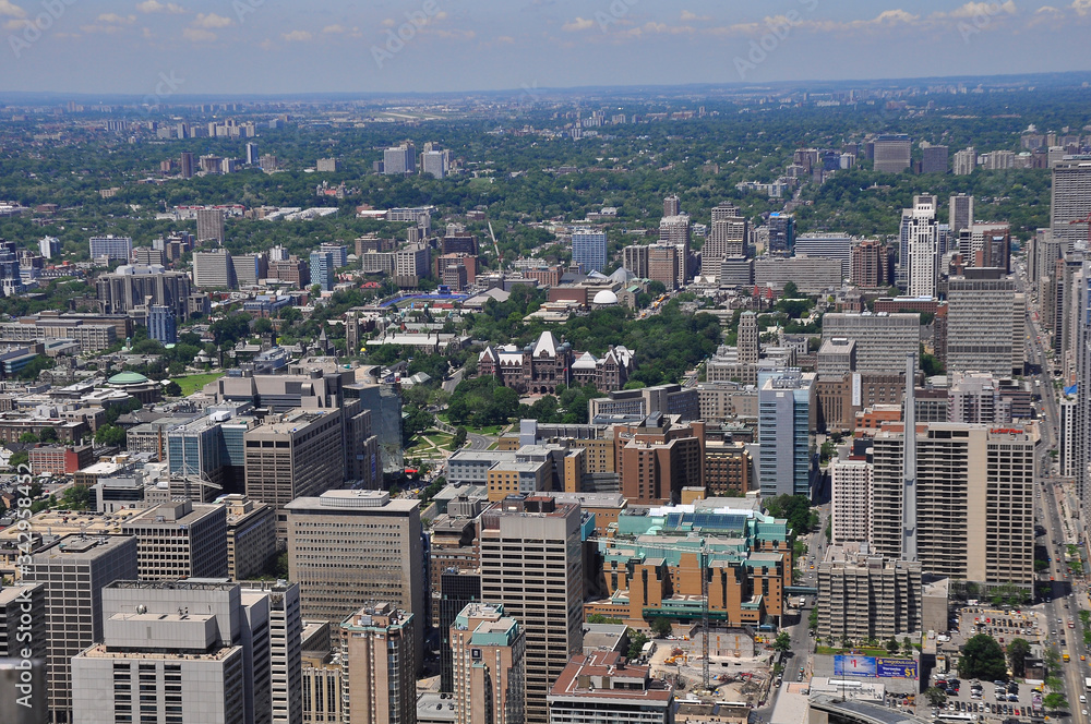  Aerial view over the city center of Toronto, Ontario, Canada.  Bird-eye view of Toronto from Queen Street looking north.