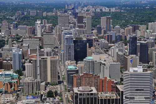 Aerial view over the city center of Toronto, Ontario, Canada. Bird-eye view of Toronto from Queen Street looking north.