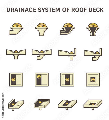 Roof deck and drainage equipment vector icon set design on white background.