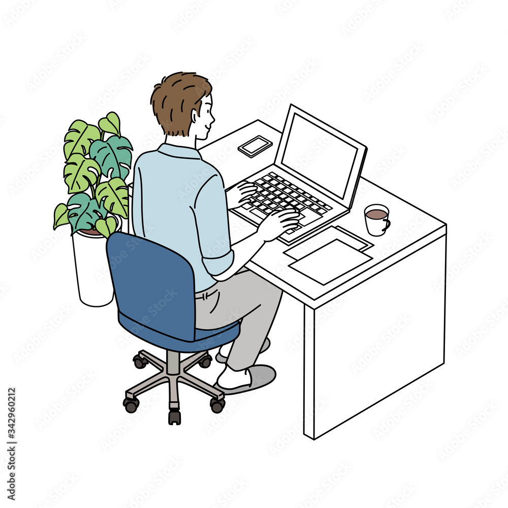 パソコンに向かう男性 イラスト テレワーク リモートワーク Stock Vector Adobe Stock