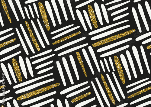 Vector seamless pattern with hand drawn gold glitter textured brush strokes and stripes hand painted. Black, white, golden colors photo