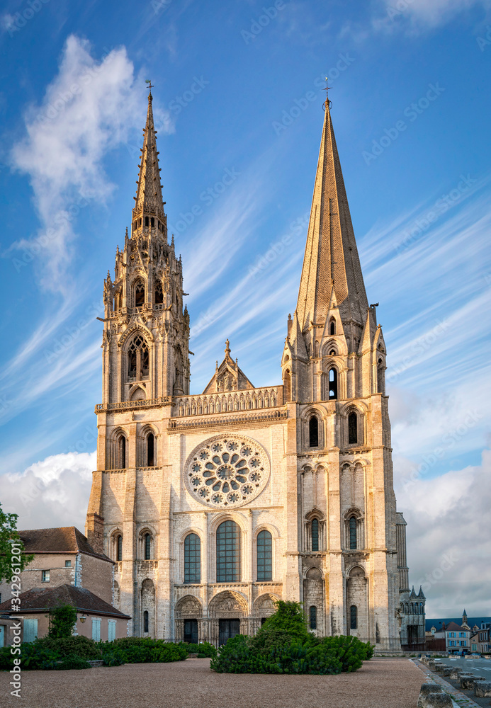 Chartres, France - May 21, 2017: View of West facade of Chartres Cathedral 