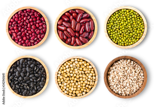 Collection of mix bean ( red kidney, green mung, black bean, soy beans, sesame and millet ) in wooden bowl isolated on white background. Top view. Flat lay.