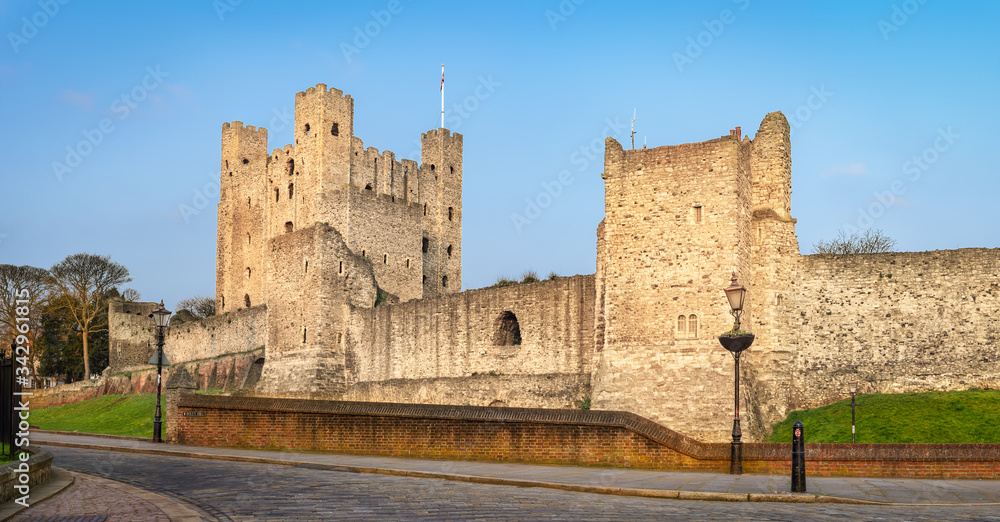 Rochester, United Kingdom - March 28, 2020: View to Rochester castle from South.