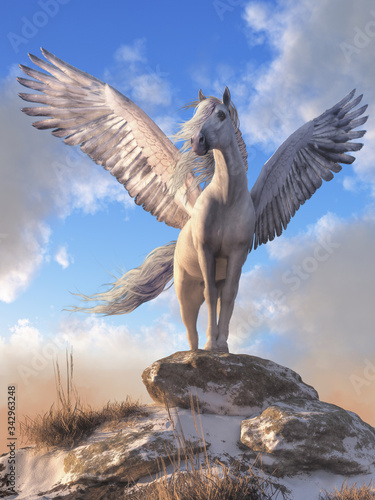 Canvas Print Pegasus, the all white, horse with wings from Greek mythology stands atop a rock covered hill top, his white feathered wings spread wide