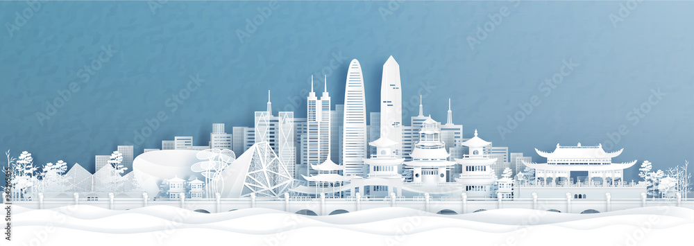 Panorama view of Shenzhen skyline with world famous landmarks of China in paper cut style vector illustration.