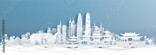 Panorama view of Shenzhen skyline with world famous landmarks of China in paper cut style vector illustration.