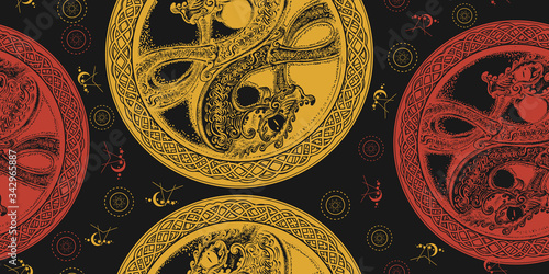 Two dragons. Seamless pattern. Packing old paper, scrapbooking style. Vintage background. Medieval manuscript, engraving art. Meditation, philosophy, harmony symbol