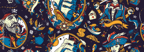 Pirate art. Seamless pattern. Sea adventure background. Caribbean robbers. Captain, parrot, ship in storm, girl filibuster, compass, anchor, treasure island, swallows. Traditional tattooing style