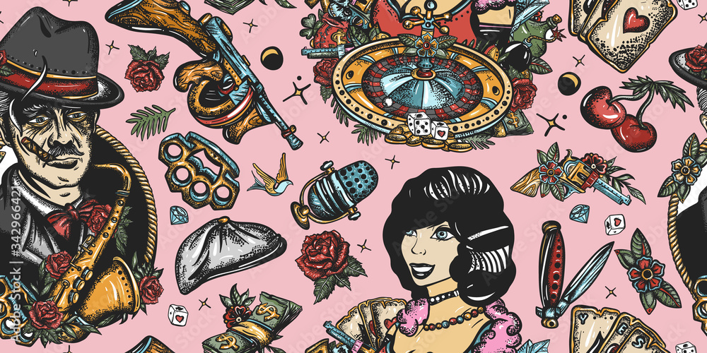 Gangsters. Retro crime seamless pattern. Boss plays saxophone, bandits weapons, croupier, pin up girl, casino, robbers. Criminal, old movie background. Traditional tattooing style