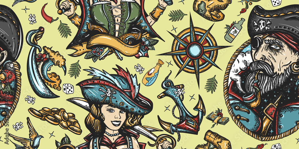 Fototapeta premium Pirate seamless pattern. Caribbean robbers. Old captain, parrot, compass, girl filibuster pin up style, anchor, treasure island. Sea adventure background. Round the world trip, Marine voyages art