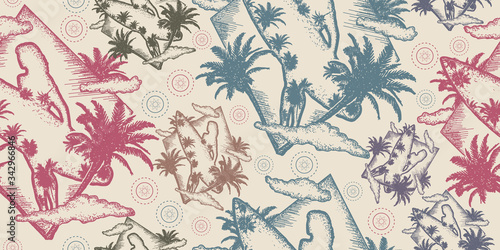 Surf. Seamless pattern. Packing old paper, scrapbooking style. Vintage background. Medieval manuscript, engraving art. Beautiful girl with a surfboard. Symbol of extreme sport, driving on sea waves