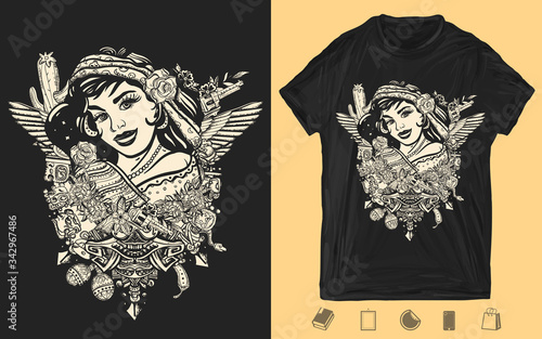 Mexican latin woman in national clothes and mayan ancient glyphs. Mexico art. One color creative print. T-shirt design. Template for posters, textiles, apparels. Vector illustration for dark clothes