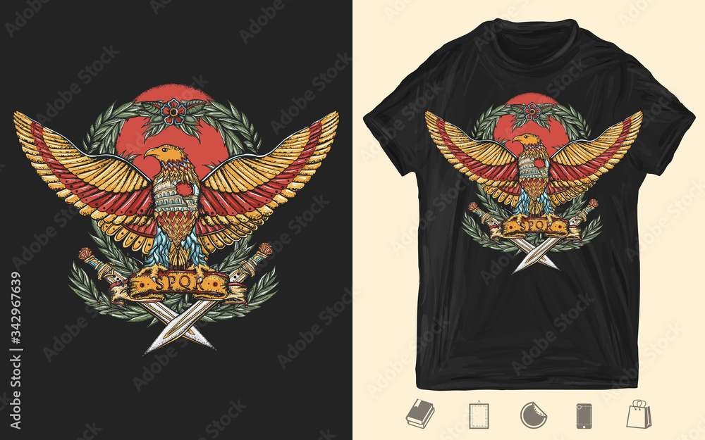 Fototapeta Ancient Rome art. Roman Empire. Imperial eagle and crossed swords. Creative print for dark clothes. T-shirt design. Template for posters, textiles, apparels