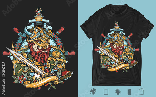 Bearded viking in armor, lighthouse and steering wheel. North warrior. Creative print for dark clothes. T-shirt design. Template for posters, textiles, apparels