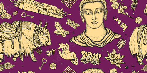 Tibet. Seamless pattern.  Oriental Asian art. Spirituality travel. Tibetan culture and tradition. Buddha face, yak, lotus flowers, mountains, Lhasa, endless knot, eternal, Buddhism background