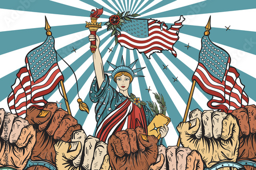 USA patriotic art. Propaganda illustration. Statue of liberty, american flags and many fist raised in air. Symbol of protest, positions, elections, demonstrations, rallies. Fight for rights