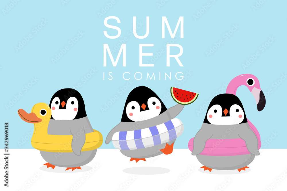 Obraz premium Cute penguin with pink flamingo, violet toy and yellow duck swim rubber ring. Animal cartoon character in summer vacation.