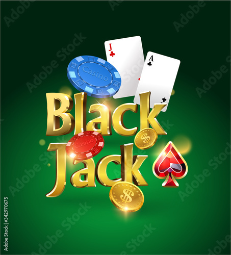 Blackjack logo on a green background with cards, chips and money. Card game. Casino game. Vector illustration