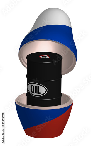 Realistic Russian matryoshka disassembled with a barrel of oil inside. Oil crisis, major suppliers and producers of fuel. Isolated vector on white background photo