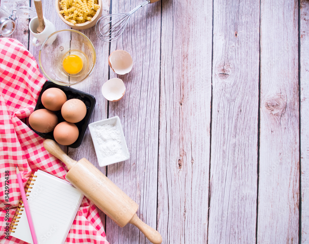 Top view, Baking equipment and ingredient on wooden background. Top view, Baking equipment and ingredient on wooden background.