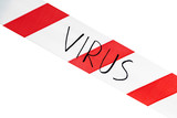 Label virus. Red and white warning tape with the inscription virus close up on an isolated white background. Concept for protecting people from coronavirus infection. Coronavirus, Covid-19