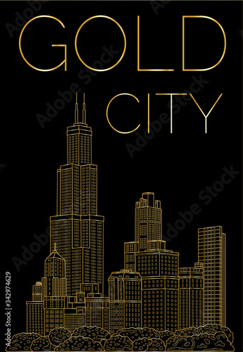 Linear city on a black background with a gold outline. Cover of magazine, catalog. Linear vector illustration.