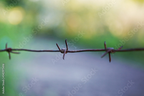 Barbed wire on a blurry background of beautiful nature.