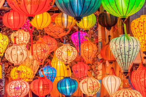 Paper lanterns on the streets of old Asian town  Hoi An  Vietnam